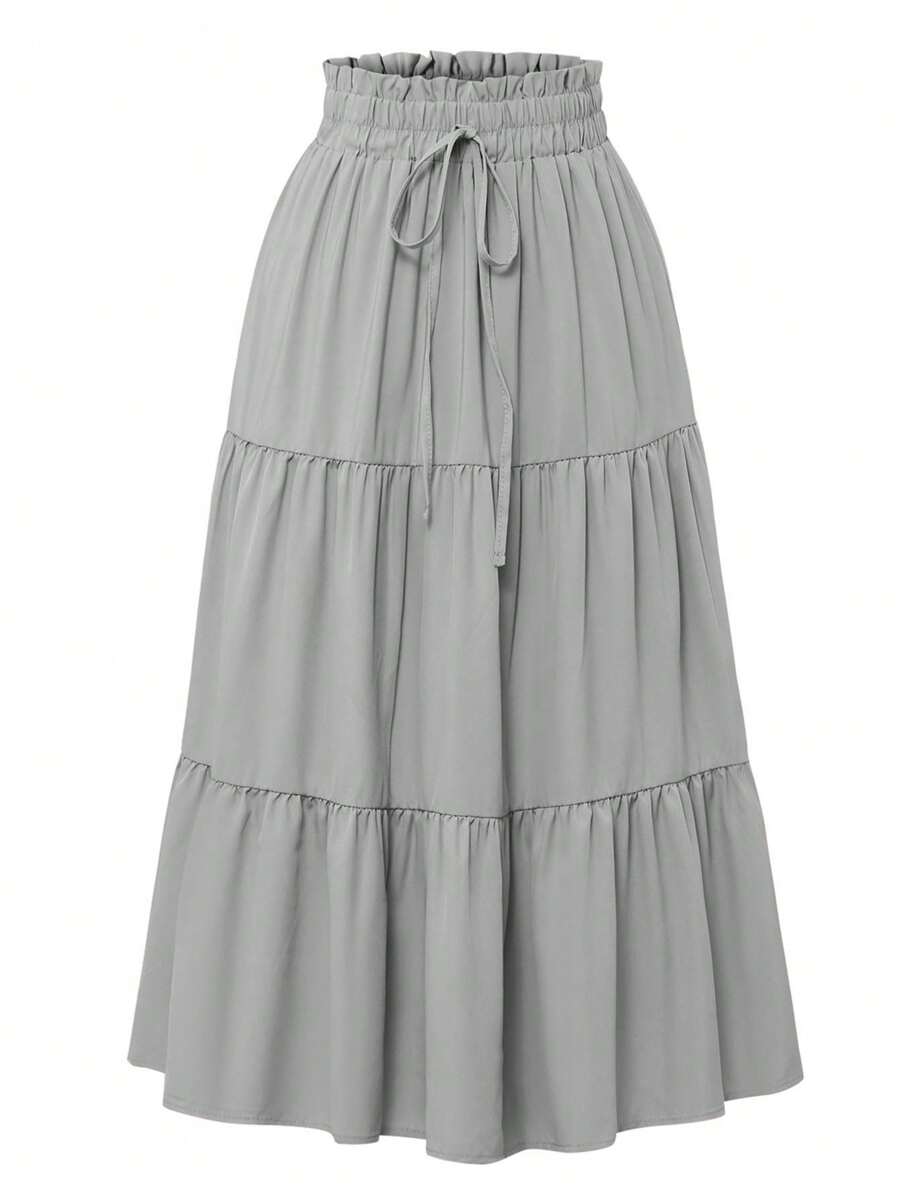 Women's Solid Color Pleated Elastic Waist Casual Skirt - Grey - View 1