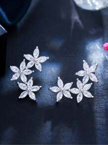 1 对精致花朵耳钉，镀银马眼形切割方晶锆石首饰，对称设计女士新娘配饰，适合婚礼、订婚派对、舞会 - 白色 - 查看 9