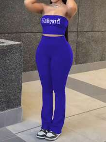 Rhinestone Decor Sleeveless Sexy Cropped Top And Pants Two Pieces Outfits, Casual Sports Fashionable Sets For Women, Spring And Summer - 藍色 - 查看 2