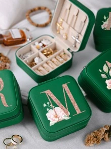 1pc Caixa de joias rosa com flores rosas, caixa de joias de viagem da moda com letras de ouro rosa, caixa de joias de viagem de presente personalizada, presentes de aniversário para mulheres, presentes de Natal para meninas adolescentes, iniciais, caixa de joias de viagem A-Z