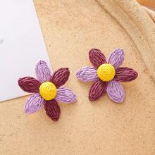 2pcs Set Fashionable Six-Petal Flower Rattan Braided Earrings, Beach Resort Style Accessories For Women