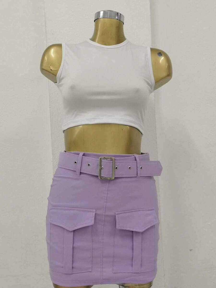 Cargo Skirt With Belt In Gabardine. - Lilac Purple - View 1