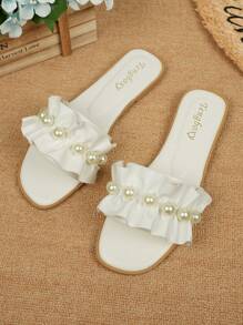Women Ruched Strap Embellished Square Toe Casual Wear Slip-On Flat Sandals - Pearl White - View 8