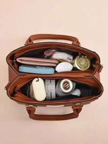 Bolso de mano de mujer de color liso con decoración de bola de felpa, de gran capacidad y de varios niveles, adecuado para citas y trabajo - Marrón - Ver 7