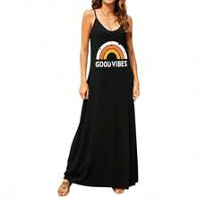 Vestido largo casual de verano con cuello en V, sin mangas, de estilo bohemio, con tirantes finos, floral y con bolsillos - Negro - Ver 2