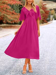 Women's Summer Dress Casual Short-Sleeved Bow Tie V-Neck Ruffled Mid-Length Elegant Flowing Dress - 玫紅色 - 查看 1