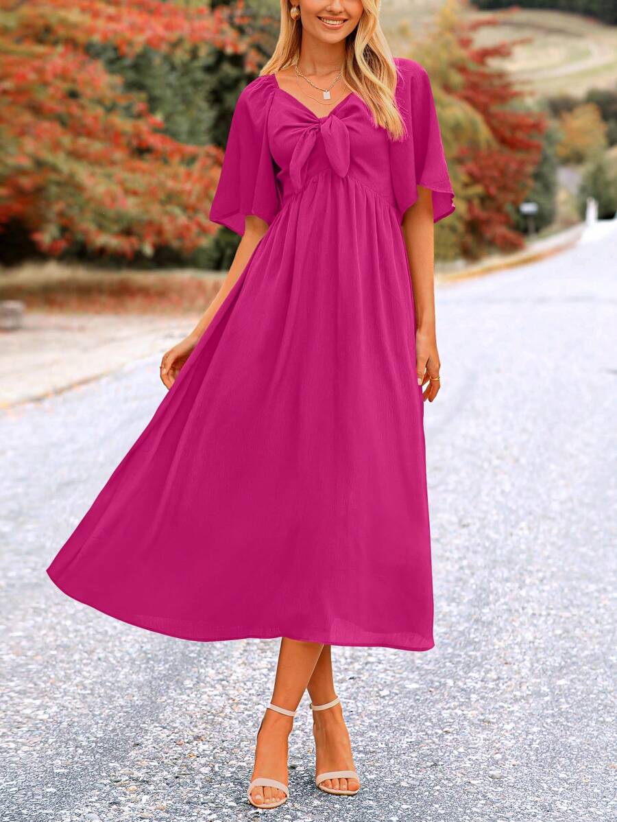 Women's Summer Dress Casual Short-Sleeved Bow Tie V-Neck Ruffled Mid-Length Elegant Flowing Dress - 玫紅色 - 查看 1