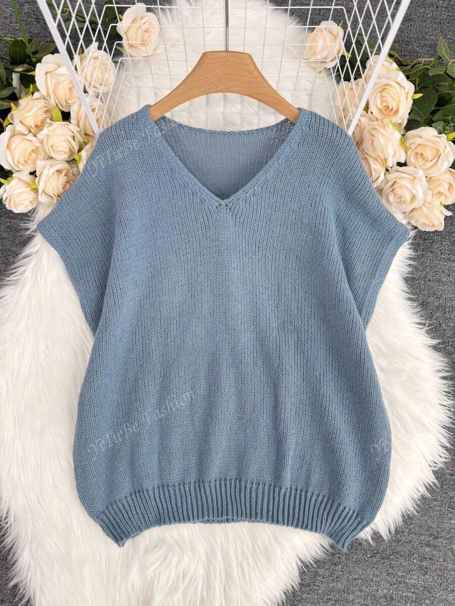 [Tops] French Elegant V-Neck Pullover Sweater For Women, Loose Casual Knitted Outerwear For Autumn/Winter