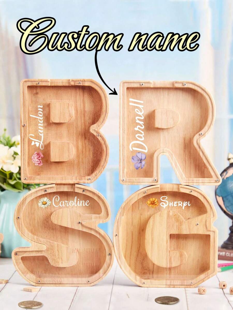 1pc Personalized Boys And Girl Piggy Bank, Custom Name Wood Gift For Kids, Neutral Baby Shower Gift, Personalized Customized Letter Bank, A~Z, Boy Nursery Decor, Money Box Back To School - Style a - View 1