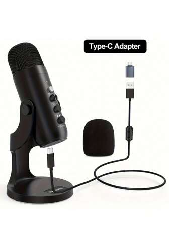  Haomuren USB 麦克风带 Type-C 适配器，适用于 PC、笔记本电脑、手机、电容麦克风，具有降噪、回声效果、触摸静音、监视器、播客、游戏、播客、ASMR 增益