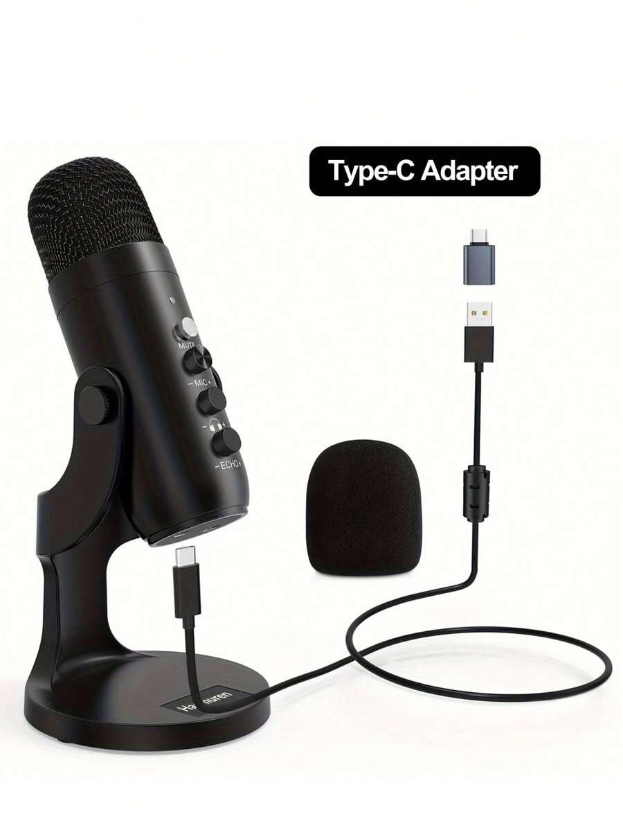 Haomuren USB 麦克风带 Type-C 适配器，适用于 PC、笔记本电脑、手机、电容麦克风，具有降噪、回声效果、触摸静音、监视器、播客、游戏、播客、ASMR 增益