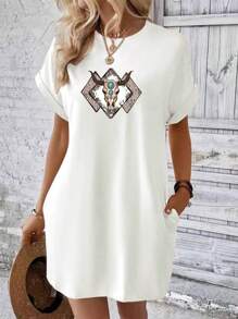 Women's Round Neck Short Sleeve Midi Dress With Cow Head Print