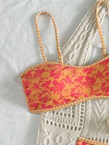 两件套女士印花泳衣，带可拆卸肩带和胸垫比基尼套装，适合海岛度假和摄影 - 彩色 - 查看 3