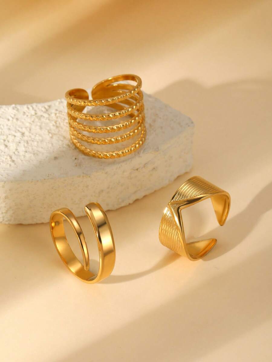 3pcs 18K Gold Plated Stainless Steel Fashion Rings Set, Suitable For Women's Daily Decorative Wear - Gold - View 1