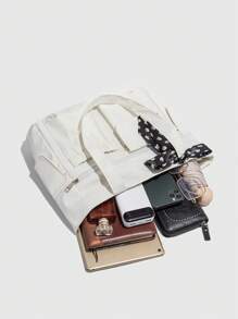 Large Capacity Plain Color Tote Bag With Multiple Pockets, Lightweight And Easy To Carry A Laptop - White - View 5