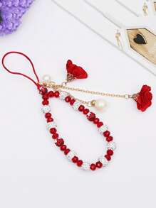 1 pieza Correa de muñeca decorada con flor de cristal de lujo y cuentas, muñequera corta con rhinestones para mujer, accesorio para teléfono, cámara, USB, llaves, estuche de teléfono, regalo para madre, familia, amigos, cumpleaños, vacaciones