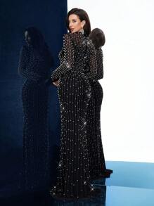 QOQ 闪亮华丽黑色热钻水钻立领美人鱼下摆长袖礼服，适合晚会、晚宴、生日派对（大量装饰）、正式场合、婚礼宾客 - 黑色 - 查看 2