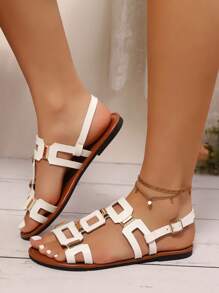 Moda feminina Fivela Decor Sandálias rasteiras, Sandálias femininas de praia de verão