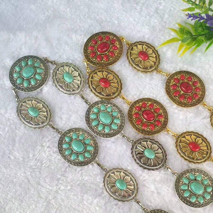 European & American Waist Chain Accessory For Dress, Vintage Metal Turquoise Gold/Silver Chain Waist Belt Body Chain For Women Summer