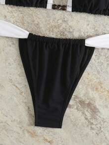 女士性感露背吊带极简比基尼泳装，沙滩度假夏季服饰 - 黑與白 - 查看 6