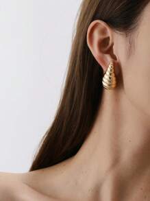 1pair Stainless Steel Water Drop & Stripe Pattern Earrings, Hypoallergenic & Colorfast, Fashionable & Simplistic Ear Hoops For Women, Daily Wear - Yellow Gold - View 9