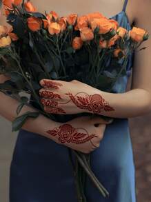 Tiebeauty 1 件花朵指甲花纹身贴纸棕色防水手部纹身贴纸女士派对贴花 Mehndi 设计 - 棕色 - 查看 3