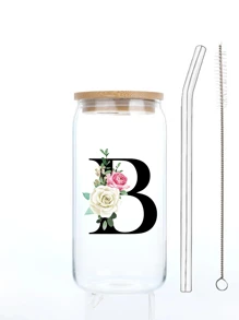 1 buc. Flori imprimate 3D, litere negre, ceașcă de sticlă cu capac, paie și perie cu paie, 16 oz, sticlă de apă, reutilizabilă, simplă, transparentă, de băut pentru lapte, ceai, petrecere, cafea, personalizată, creativă, utilizare în aer liber