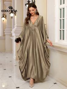 Solid Satin Kaftan Plus Size House Dress Lounge Wear Caftan Women Elegant Long Sleeve Dress