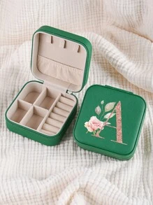 1pc Caixa de joias rosa com flores rosas, caixa de joias de viagem da moda com letras de ouro rosa, caixa de joias de viagem de presente personalizada, presentes de aniversário para mulheres, presentes de Natal para meninas adolescentes, iniciais, caixa de joias de viagem A-Z