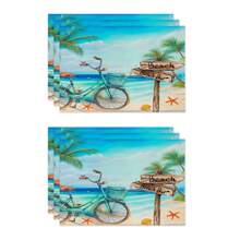 1pc/4pcs/6pcs Summer Decorative Placemats, Bicycle, Starfish, Coconut Tree, Letter Linen Placemats, Dirt-Resistant Placemats, Suitable For Home, Restaurant, Dining Table Decor, Household Supplies