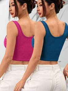 Conjunto de 2 piezas de top sin mangas de color rosa azul sólido, camiseta corta acanalada de verano versátil y casual para llevar por debajo