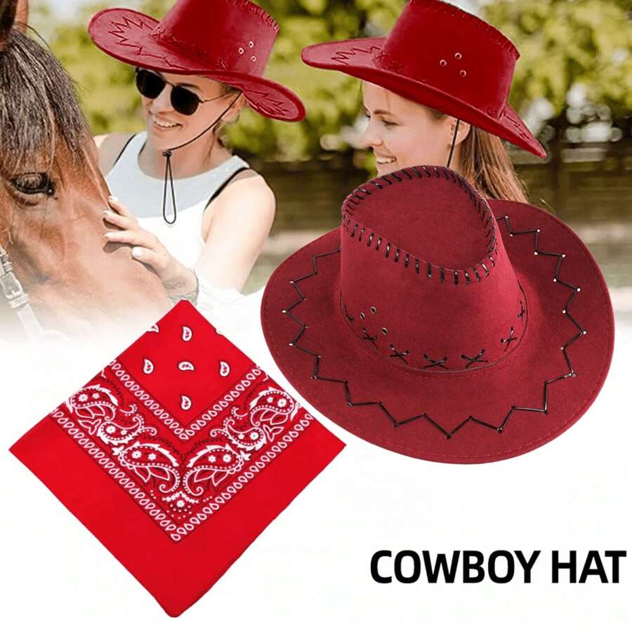 1/2X COWBOY HAT AND BANDANA WILD WESTERN FANCY DRESS COSTUME ACCESSORY - Dark Red - View 1