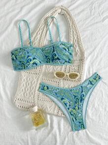 2pcs Women Printed Swimsuit With Removable Strap Bikini Set, Suitable For Island Vacation And Photography
