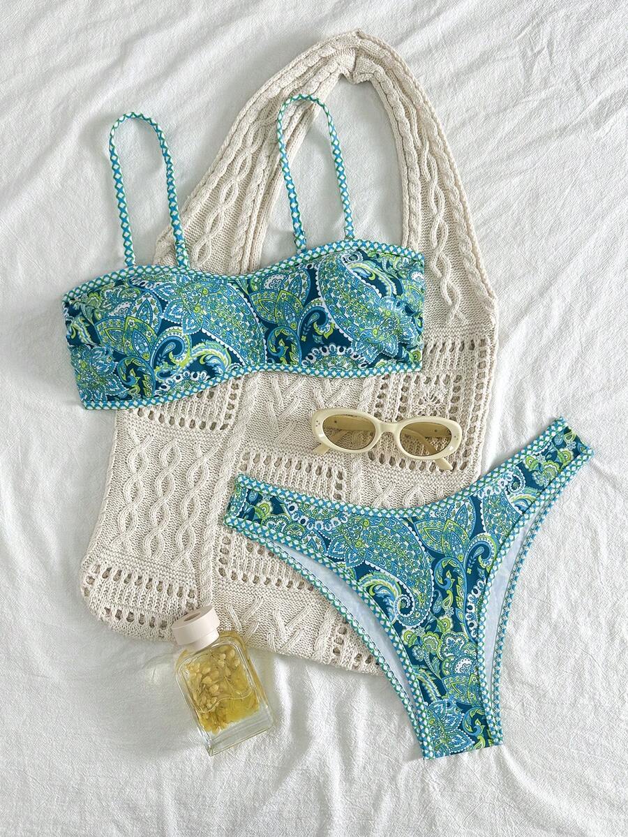 2pcs Women Printed Swimsuit With Removable Strap Bikini Set, Suitable For Island Vacation And Photography