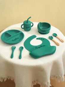 1pc/2PCS/8PCS Custom Baby Tableware Print On Demand Baby Bowl Plate Dishes Personalized Customization Name Baby Bib Soft Baby Spoons And Forks Solid Color Baby Sippy Cup, Son, Daughter,Christmas Gift