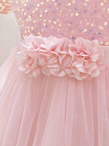 H HIBOBI Babyflicka 3D Blommig Applikation Paljettdetalj Stor Rosett Tyll Festklänning - Rosa - Visa 5