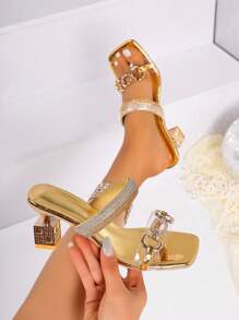 Women's High Heel Square Toe Rhinestone Decorated Sandals With Metal Chain, Fashion Dress Sandals With Unique Heel Shape
