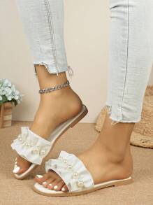 Women Ruched Strap Embellished Square Toe Casual Wear Slip-On Flat Sandals - Pearl White - View 4