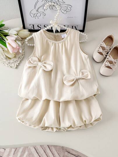 2pcs/Set Young Girl Casual Cute Bow Decor Sleeveless Top And Ruffle Shorts Set, Summer