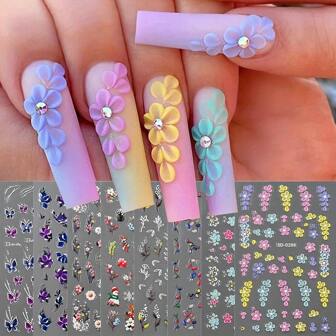3/8pcs 5D Embossed Flower Nail Art Sticker Decals With Daisy, White Pink Flower Nail Art Sticker For Winter Holiday, Valentine'S Day, Self-Adhesive Floral Decals