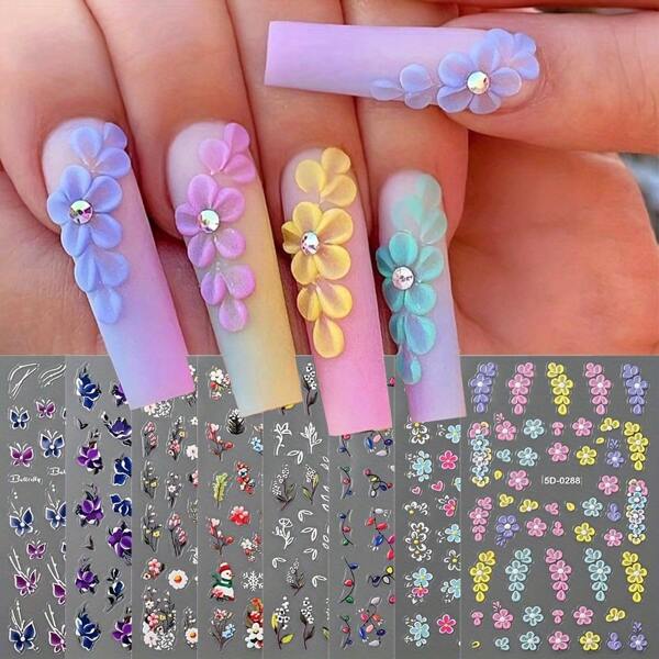 3/8pcs 5D Embossed Flower Nail Art Sticker Decals With Daisy, White Pink Flower Nail Art Sticker For Winter Holiday, Valentine'S Day, Self-Adhesive Floral Decals