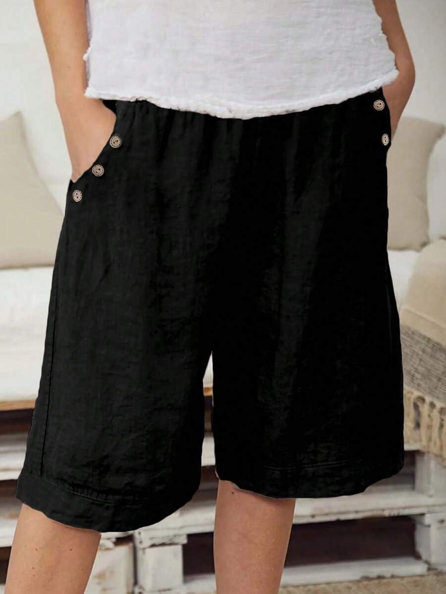 Plus Size Women Loose Casual Shorts With Pockets And Buttons - Black - View 1