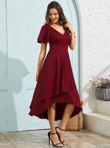 EVERPRETTY Sparkling V-Neck High-Low Wedding Guest Dress With Ruffled Sleeves, Formal, Party Dress, Gown, For Evening - Burgundy - View 3