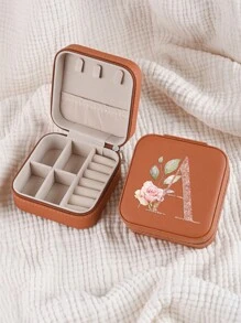 1pc Caixa de joias rosa com flores rosas, caixa de joias de viagem da moda com letras de ouro rosa, caixa de joias de viagem de presente personalizada, presentes de aniversário para mulheres, presentes de Natal para meninas adolescentes, iniciais, caixa de joias de viagem A-Z