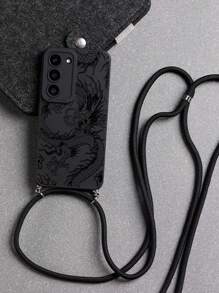 1pc Material Transparent Black With Camera And Dragon Totem Pattern Phone Case With Crossbody Hanging Cord Compatible With Samsung Galaxy/A54/A14/A12/A13/A15/A32/A33/A24/A52S/S20/S21/S22/S23/S24/S23Plus/S24ultra/S25/A15/A33/A23 Waterproof Shockproof Anti-Fall Scratch Resistant - Multicolor - View 2