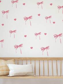 Pink & Blue Bow Wall Decals - PVC Self-Adhesive Removable Stickers With Hearts & Polka Dots For Nursery, Kids' Room, Bedroom, And Playroom Decor