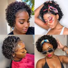Pixie Cut Curly Human Hair Wigs Ginger 350 Short Curly Lace Front Human Hair Wigs For Women 6 Inch 13x1 Transparent Lace Frontal Wigs Water Wave Dark Rooted To Ginger Orange Color - Natural Black - 查看 9