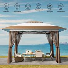 13x13 Pop Up Gazebo Tent With Mosquito Netting, Outoor Canopy Tent With 4 Sandbags, 8 Stakes, 4 Ropes, Roller Bag, Pop Up Canopy Tent For Lawn Backyard Garden Deck,Outdoor Furniture - 米色 - 查看 4