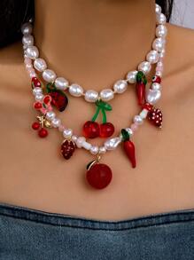 1pc Summer Cherry Charm Necklace, Boho Faux Pearl Beaded Necklace With Chili, Watermelon, Strawberry Charms, Handmade Jewelry For Women (Color And Shape May Vary)