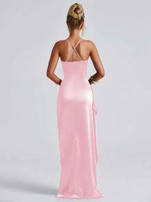 Elegant Sexy Satin Frill Trim Waist Party Dress, Bridesmaid Dress, Formal Gown - Pink - View 6